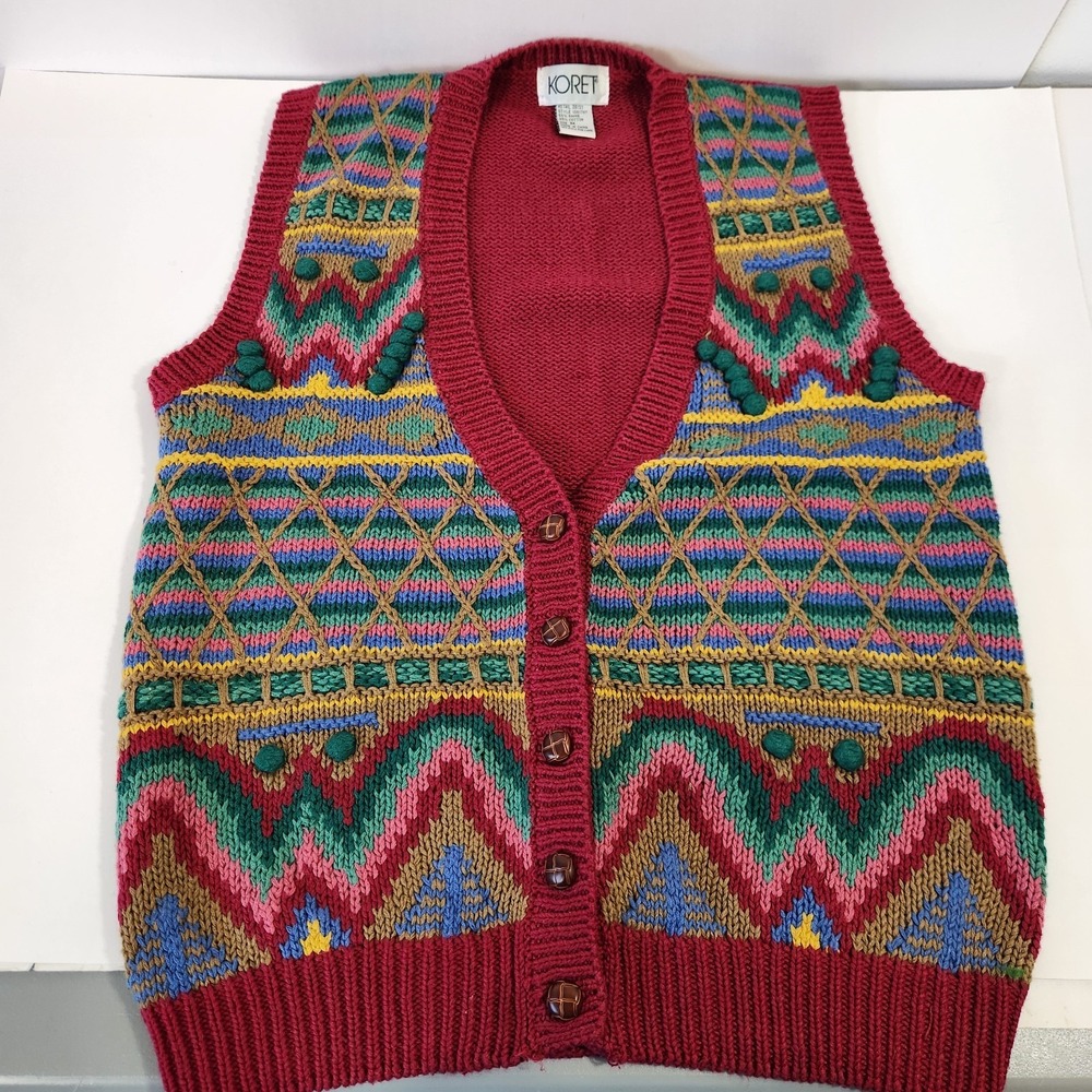 Vintage 90s Sweater Vest M Grandmacore Art Teacher Folk Art Boho Embellished - Picture 10 of 10